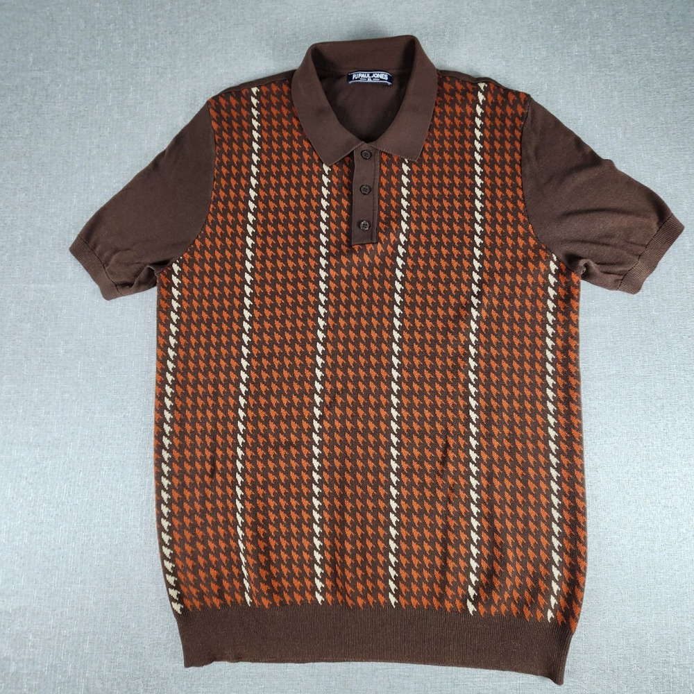 PJ Paul Jones Mens XL Brown Orange Houndstooth Knit Polo Short Sleeve Shirt